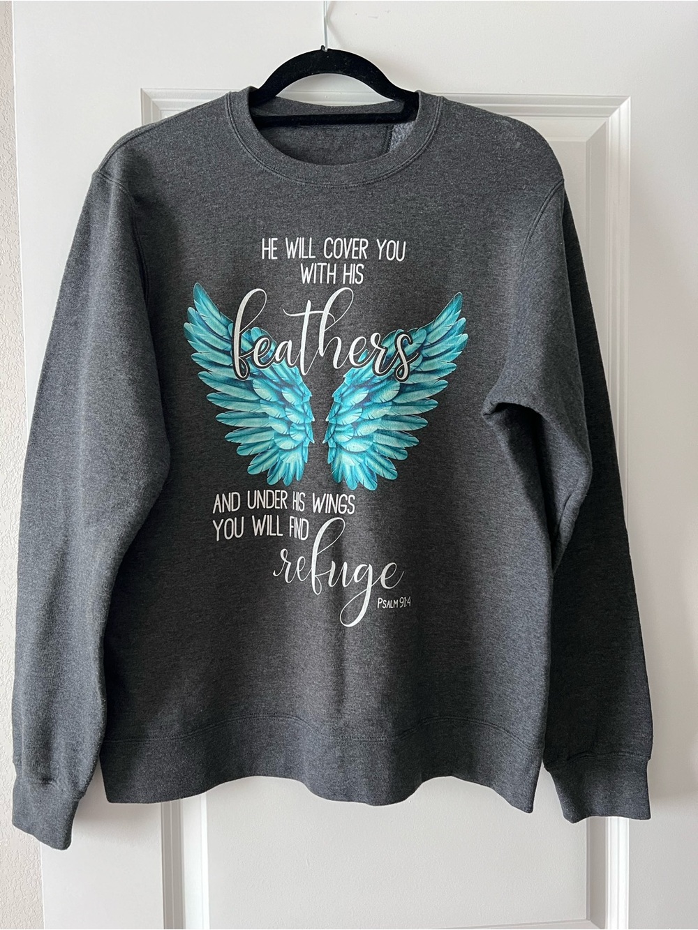 Grey crewneck sweatshirt with bible quote and feather design #religiousinspired